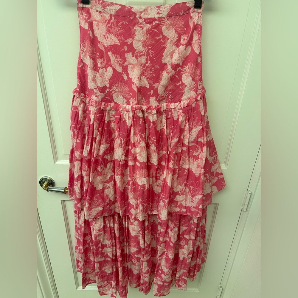 LoveShackFancy Pink and Cream Tiered Midi Skirt